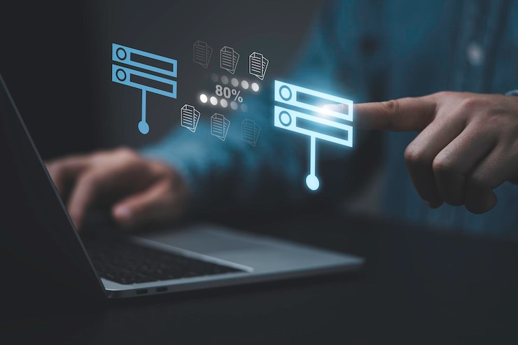 Foto mão de empresário usando computador portátil com ícone de armazenamento do servidor host de dados para troca de informações e conceito de transferência