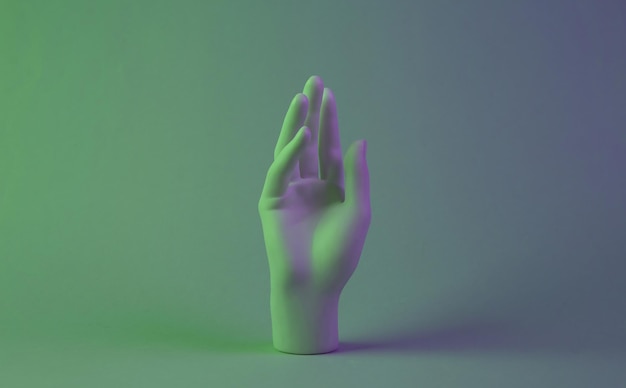 Foto mão de estátua em arte conceitual de minimalismo de luz de néon verde-violeta