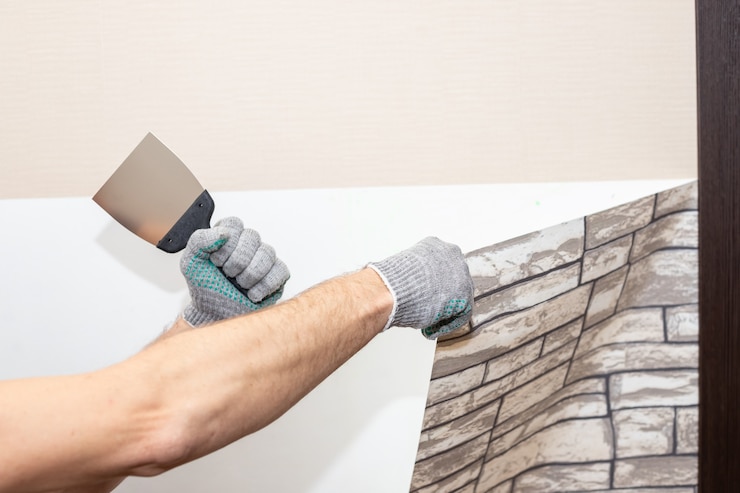 Foto mão de homem arrancar papel de parede claro velho da parede. preparação para trabalhos de reparo em casa. removendo papel de parede com uma espátula, o processo de atualização do reparo do quarto da parede. copie o espaço