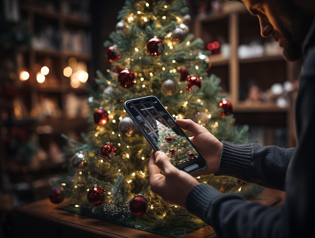 Mão de homem segurando o celular para tirar uma foto tema de Natal gerado com IA