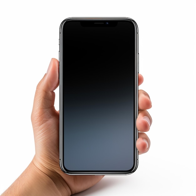 Mão de homem segurando smartphone preto isolado no traçado de recorte de fundo branco