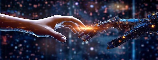 Mão de humano e robô tocando Conexão de rede de big data Tecnologia de inteligência artificial
