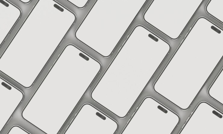 mão de ilustração de renderização 3D segurando o smartphone branco com tela cheia e iPhone de quadro moderno