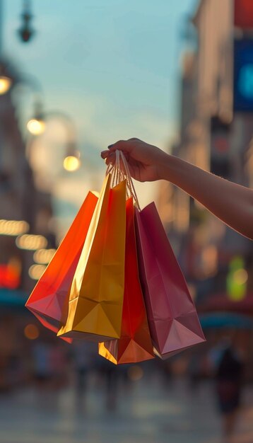 Mão de jovem com sacos de papel com compras ao pôr do sol Jovem homem depois das compras de outono Consumismo compras vendas de sexta-feira negra conceito de estilo de vida