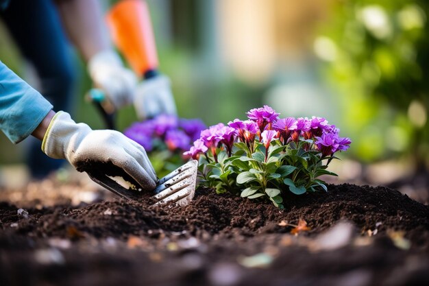 mão de luva segurando uma espátula plantando