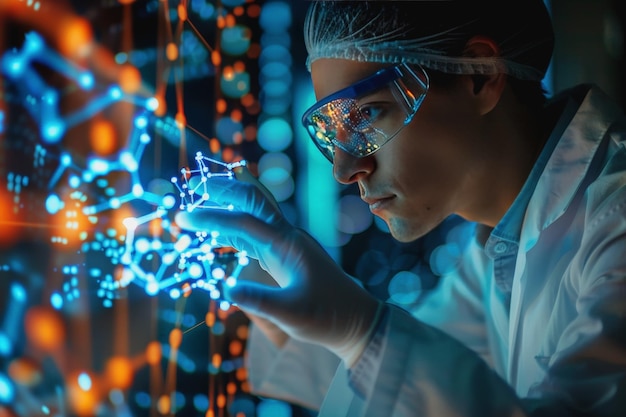 Mão de médico cientista toca estrutura molecular virtual no laboratório AI Geradox9