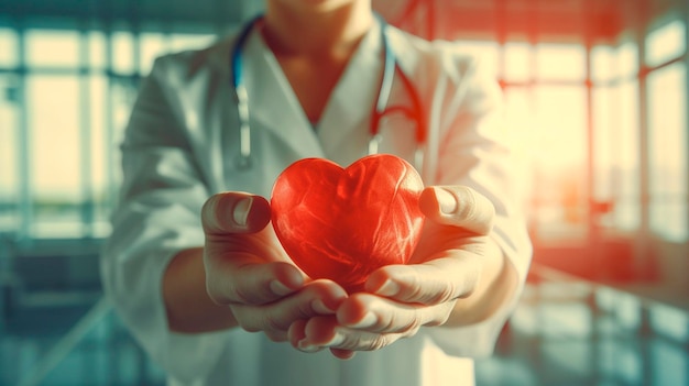 Mão de médico segurando uma forma de coração vermelho em um hospital doador de amor dia mundial do coração conceito de seguro de saúde IA generativa
