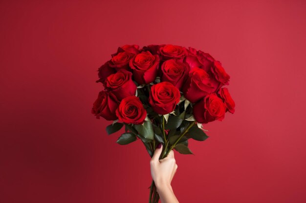 Foto mão de menina com rosas vermelhas buquê de amor conceito romântico