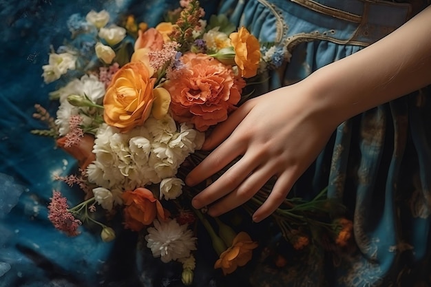 Mão de menina segurando um buquê de flores AI