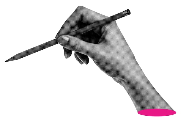 Mão de moda segurando um lápis recorte abstrato mão elemento de colagem de meio tom para montagem de design