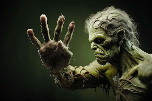 Mão de monstro Frankenstein verde se estendendo com humor sujo, filme de terror de Halloween