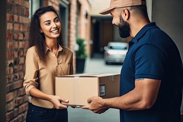 Foto mão de mulher aceitando uma entrega de caixas do entregador