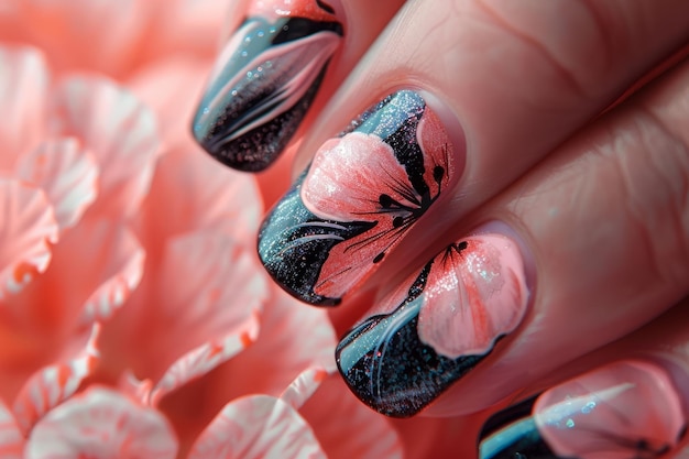 Mão de mulher com flores cor-de-rosa e pretas nas unhas