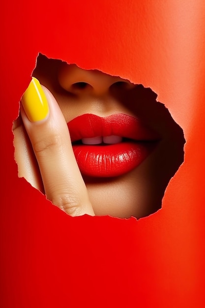 Mão de mulher com manicure amarelo e batom vermelho IA generativa