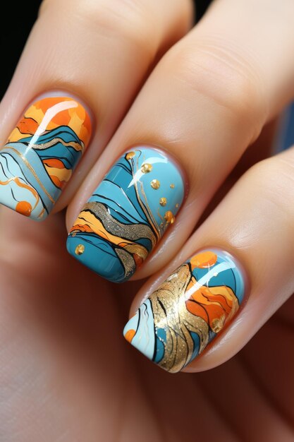 Mão de mulher com manicure azul e laranja