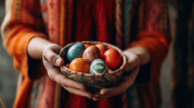 mão de mulher com ovos pintados em cesta de páscoa ovos coloridos