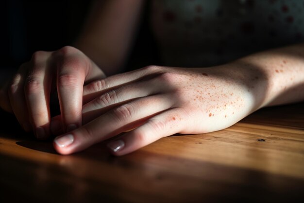 Mão de mulher com sardas sobre a mesa para cosméticos de cuidados com a pele e creme de proteção UV SPF