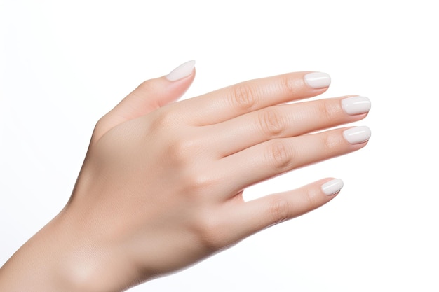 Mão de mulher de beleza com manicure francesa isolada em fundo branco