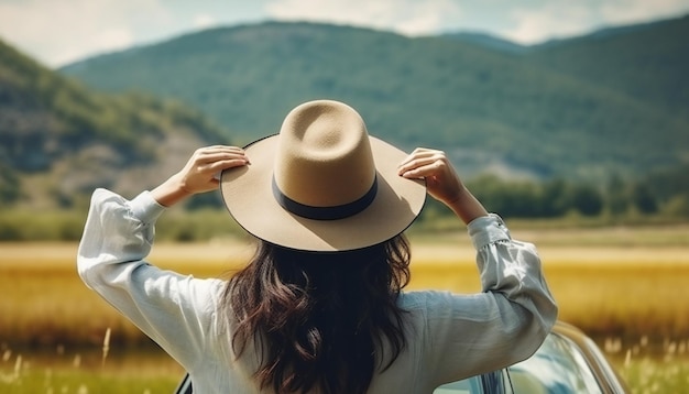 Mão de mulher feliz segurando chapéu fora do carro com janela aberta