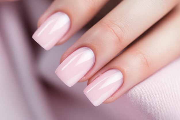 Foto mão de mulher glamour com esmalte de unhas rosa claro em suas unhas manicure de unhas rosa com esgalte de gel