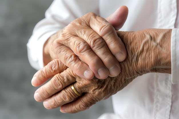 Foto mão de mulher idosa conceito de artrite reumatoide osteoartrite ou dor nas articulações