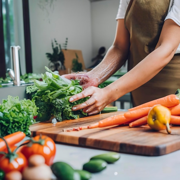 mão de mulher lavando salada de legumes e preparação de alimentos saudáveis na cozinha