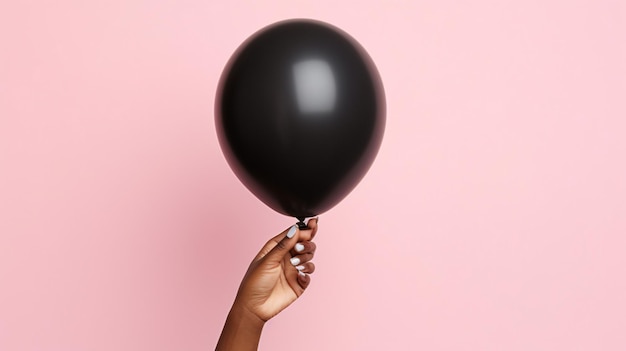 mão de mulher negra segurando balão rosa contra pastel