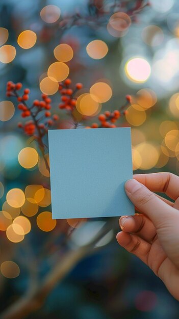 Foto mão de mulher segura pequeno papel azul em branco com fundo bokeh papel de parede móvel vertical