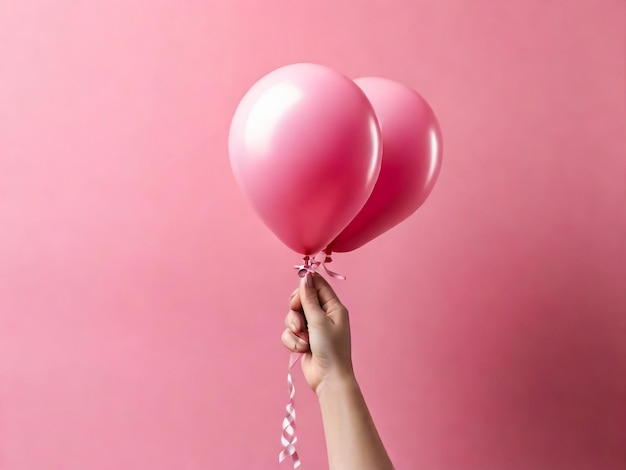 Foto mão de mulher segurando balões cor-de-rosa com porcentagem em fundo rosa minimal venda e desconto