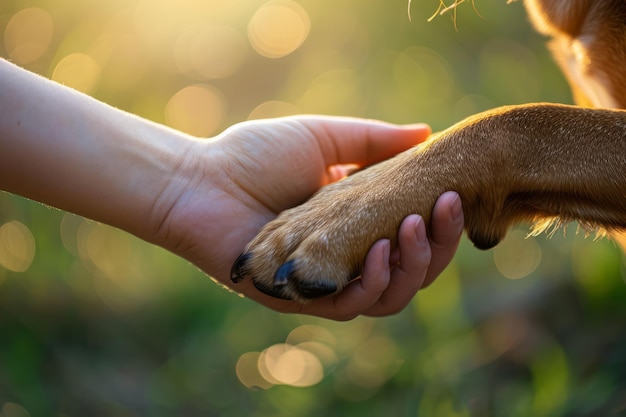 Foto mão de mulher segurando cães pata mão de mulher