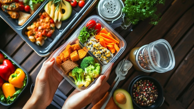 Mão de mulher segurando caixa de almoço com comida saudável na mesa tirada do topo Generative Ai
