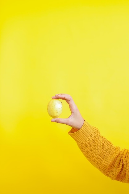 Mão de mulher segurando limões em fundo amarelo copie o espaço para pele de beleza e estilo de vida saudável