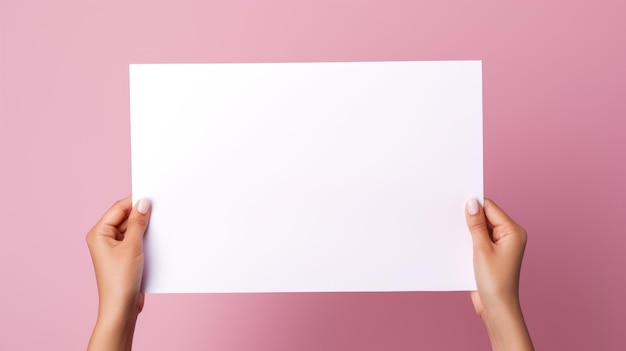 Mão de mulher segurando maquete de papel A4 em branco isolada em fundo rosa espaço de cópia de estúdio