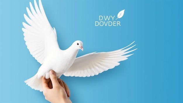 Foto mão de mulher segurando papel branco pássaro pomba em fundo azul dia internacional da paz ou mundo p
