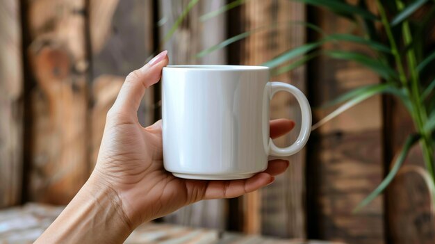 mão de mulher segurando uma caneca branca em branco de 8 oz com uma mão segurando a alça do banner de espaço de cópia