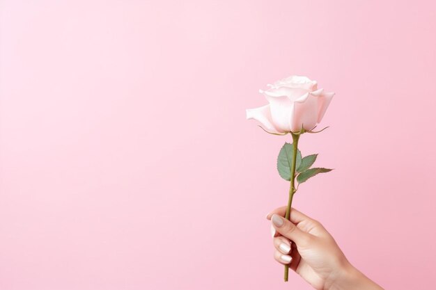 Foto mão de mulher segurando uma rosa rosa para seu amante valentine romance