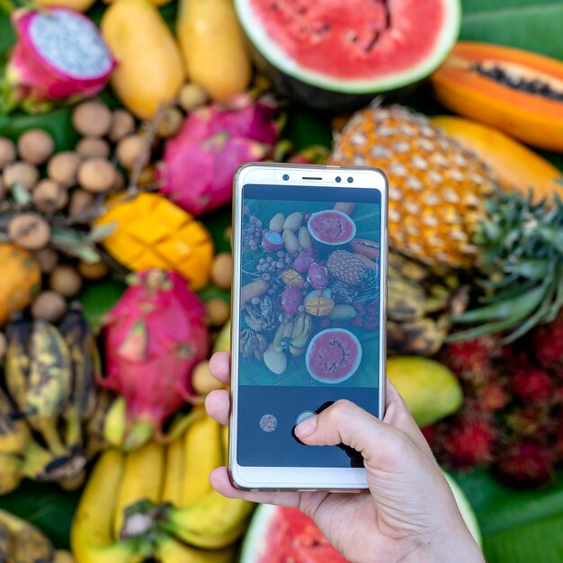 Mão de mulher tirar fotografia de telefone de frutas tropicais foto de smartphone do café da manhã manga doce mamão pitaia banana melancia abacaxi comida saudável vegetariana vegana crua