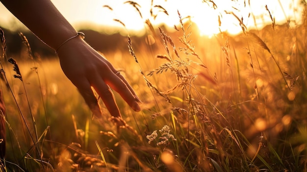 Mão de mulher tocando grama alta Garota caminha pelo campo
