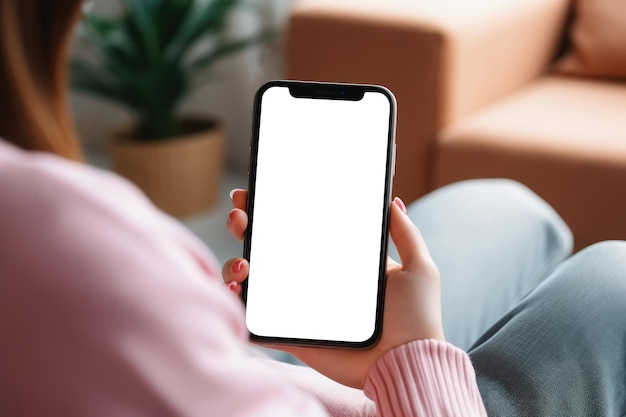 Mão de mulher tocando maquete de tela em branco móvel em casa Smartphone espaço vazio para publicidade Criado com Generative Ai