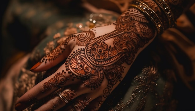 Mão de noiva recém-casada adornada com tatuagem de henna gerada por IA