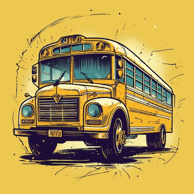 Mão de ônibus escolar vintage desenhada em fundo amarelo