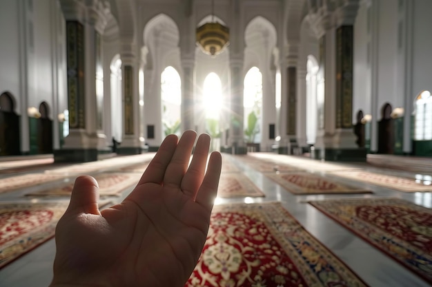 Foto mão de pessoas muçulmanas orando com fundo interior da mesquita