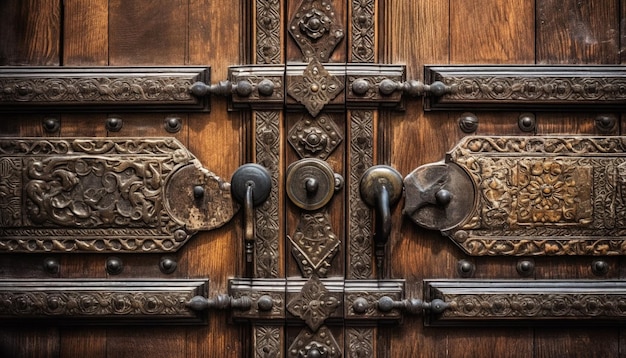 Mão de porta antiga ornamentada em porta de madeira velha com alça de latão gerada por inteligência artificial