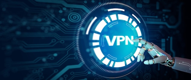 Mão de robô apontando para segurança de rede VPN criptografia de privacidade na internet com Inteligência Artificial