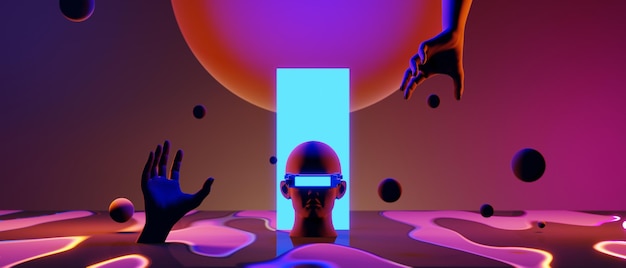 Mão de robô com cérebro da mente em conceito saudável, videogame de fundo abstrato de esports scifi gaming cyberpunk vr simulação de realidade virtual e renderização de ilustração 3d metaverse