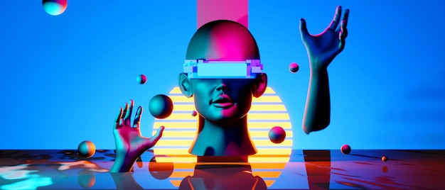 Foto mão de robô com cérebro da mente em conceito saudável, videogame de fundo abstrato de esports scifi gaming cyberpunk vr simulação de realidade virtual e renderização de ilustração 3d metaverse