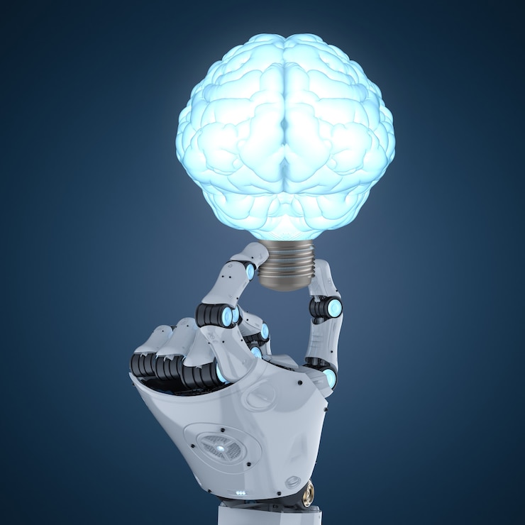 Mão de robô de renderização 3D segurando uma lâmpada brilhante em forma de cérebro