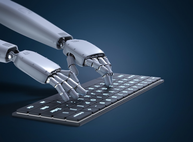 Mão de robô de renderização 3D trabalhando com teclado de computador