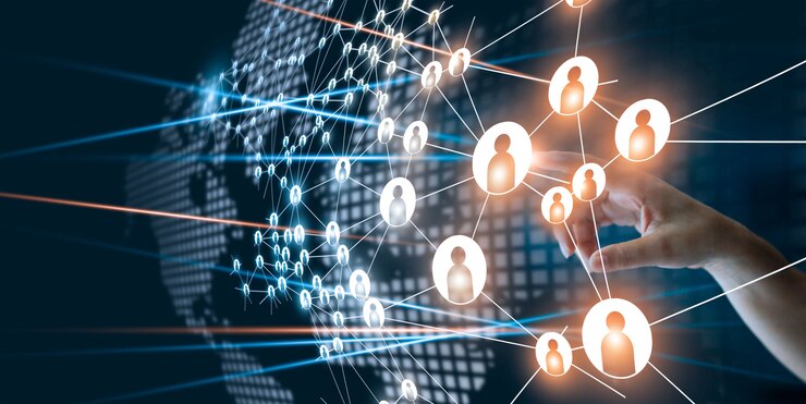 Mão de tocar a rede conectando o ícone de pontos humanos em gerenciamento de projetos de negócios.