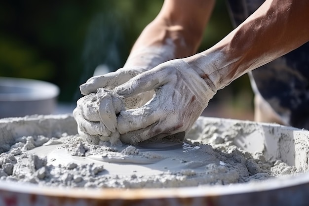 Foto mão de trabalhador em close-up enxertando cimento na parede para a construção de uma casa